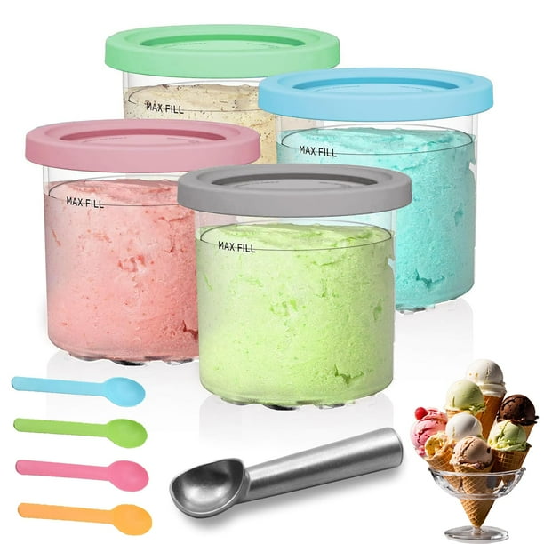 Paquete de 4 Recipientes de Repuesto para Pintas y Tapas para Ninja Creami Compatibles con NC299AMZ y NC300s, Viene con 4 Cucharas Colores y 1 Cuchara de Helado, Sellado y a Prueba de Fugas