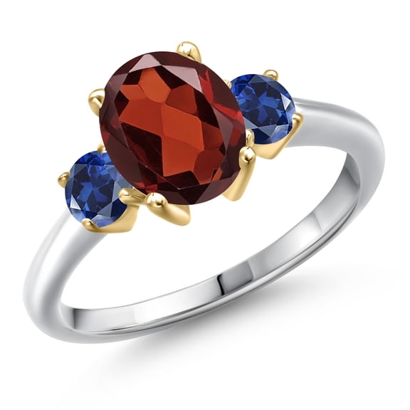 Gem Stone King 925 Silver and 10K Yellow Gold Red Garnet and Blue Created Sapphire Engagement Ring for Women | 2.63 Cttw | Oval 9X7MM | Gemstone January Birthstone | Size 5
