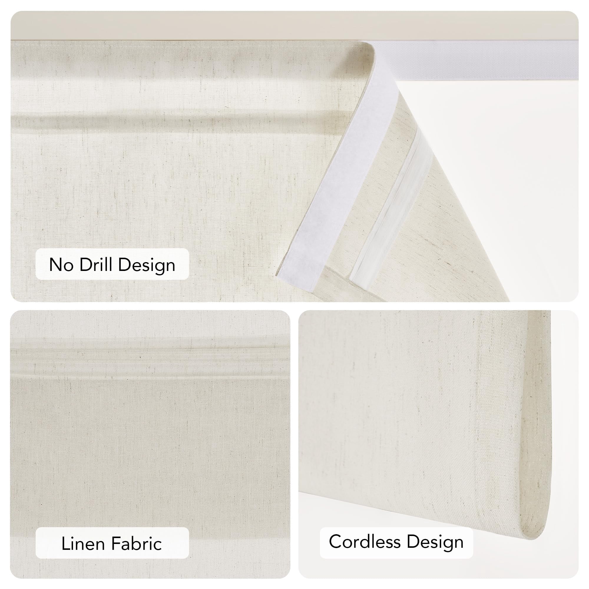 Linen Farmhouse French Door Curtain No Drill Blinds For Windows  Ivory Solid Cordless Window Covering With Light Filgtering W22 X L48 1pc