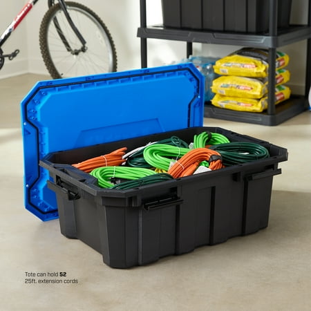 HART 18 Gallon Water Resistant Plastic Storage Bins, Black with Blue Lid