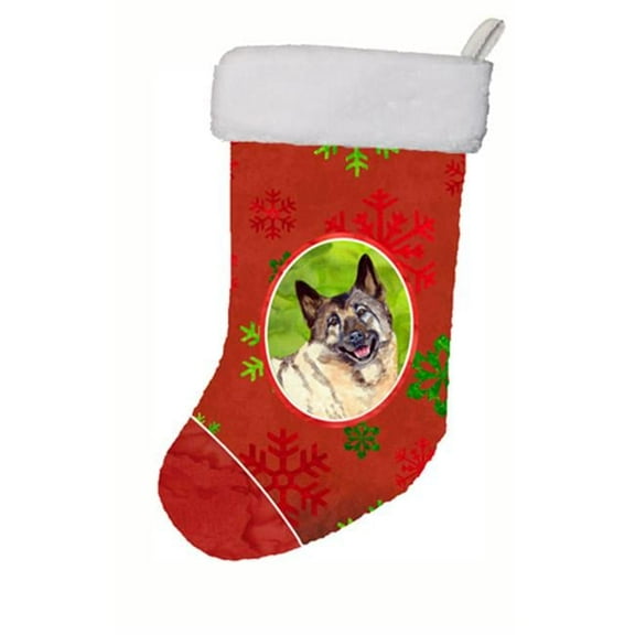 11 x 18 in. Norwegian Elkhound Red Green Snowflakes Holiday Christmas Stocking