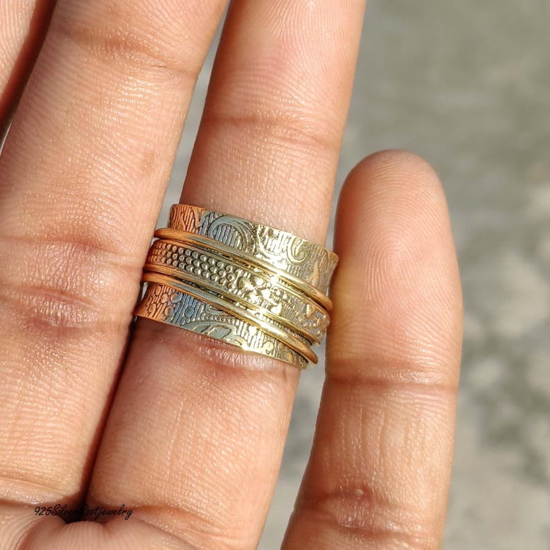 TRIDHA SILVER- Brass Spinner Ring - Wide Band Fidget Spinner Ring with Engraved Brass Band for Stress Relief Jewelry and Anxiety Meditation Focus Tool