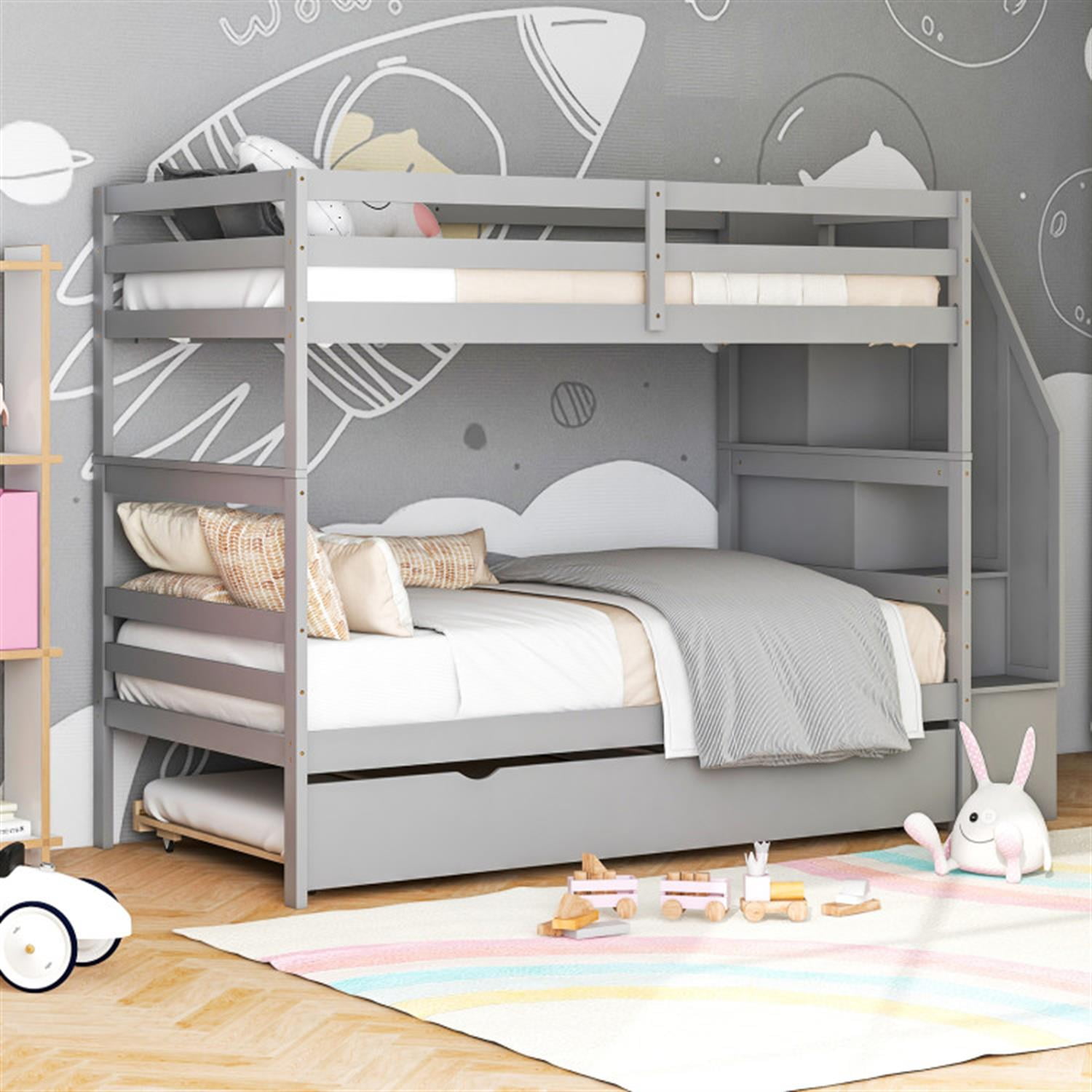 Demi Bonn Home Wood Bunk Bed with Guard Rail and 4-step Storage Stairs, Twin Bunk Beds, No Box Spring Needed, Gray