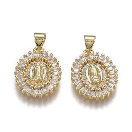 Brass Mirco Pave Clear Cubic Zirconia Pendants Lady of Guadalupe Charms for with Snap on Bails Flat Round Real 18K golden Plated 18.5x14.5x3mm