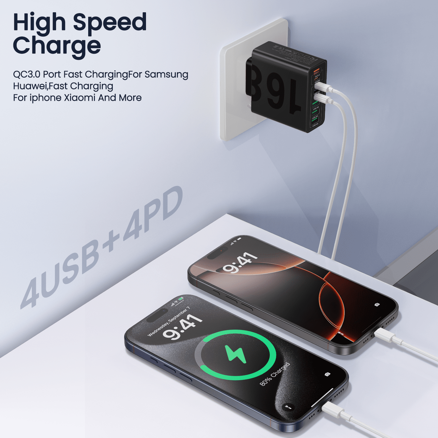 FOBIANJIE - Eight-Port USB-C and USB-A Wall Charger, Type-C Charger, Cubic Design Power Adapter, Multi-Port Plug, White/Black/Yellow – Compatible with iPhone, iPad, AirPods, Samsung Galaxy, Note, Pix