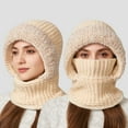 thumbnail image 1 of Gorro de punto 3 en 1 con bufanda y mascarilla, pasamontañas de punto 3 en 1 mejorado con forro polar para invierno, resistente al viento y cálido para mujer, guantes, 1 of 8