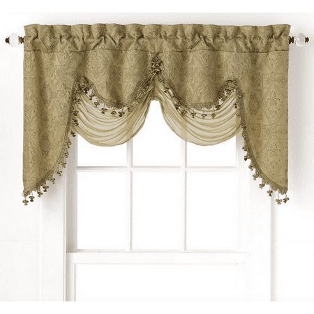 - Ultra Elegant Clipped Jacquard Georgette Fringed Window Valance With an Attached Sheer Swag by GoodGram - Gold