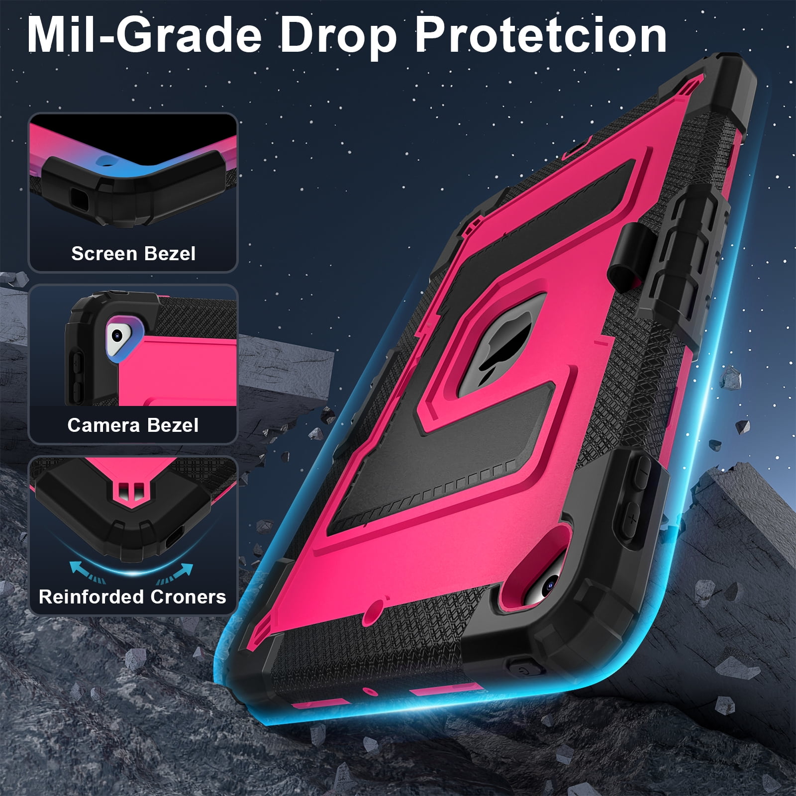 ELEHOLD 3-Layer Rugged Case For Apple iPad Mini 7th 6th Generation Heavy Duty Shockproof Cover, [Drop Protection], [Logo Visible], With Kickstand & Pencil Holder & Shoulder Strap, Black+Rose