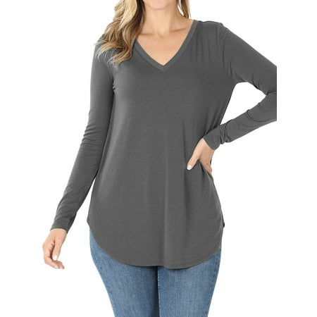 Women & Plus(S-3X) Relaxed Fit Long Sleeve V-Neck Round Hem Jersey Tee Shirt Top (Single & Multi-Packs Available)