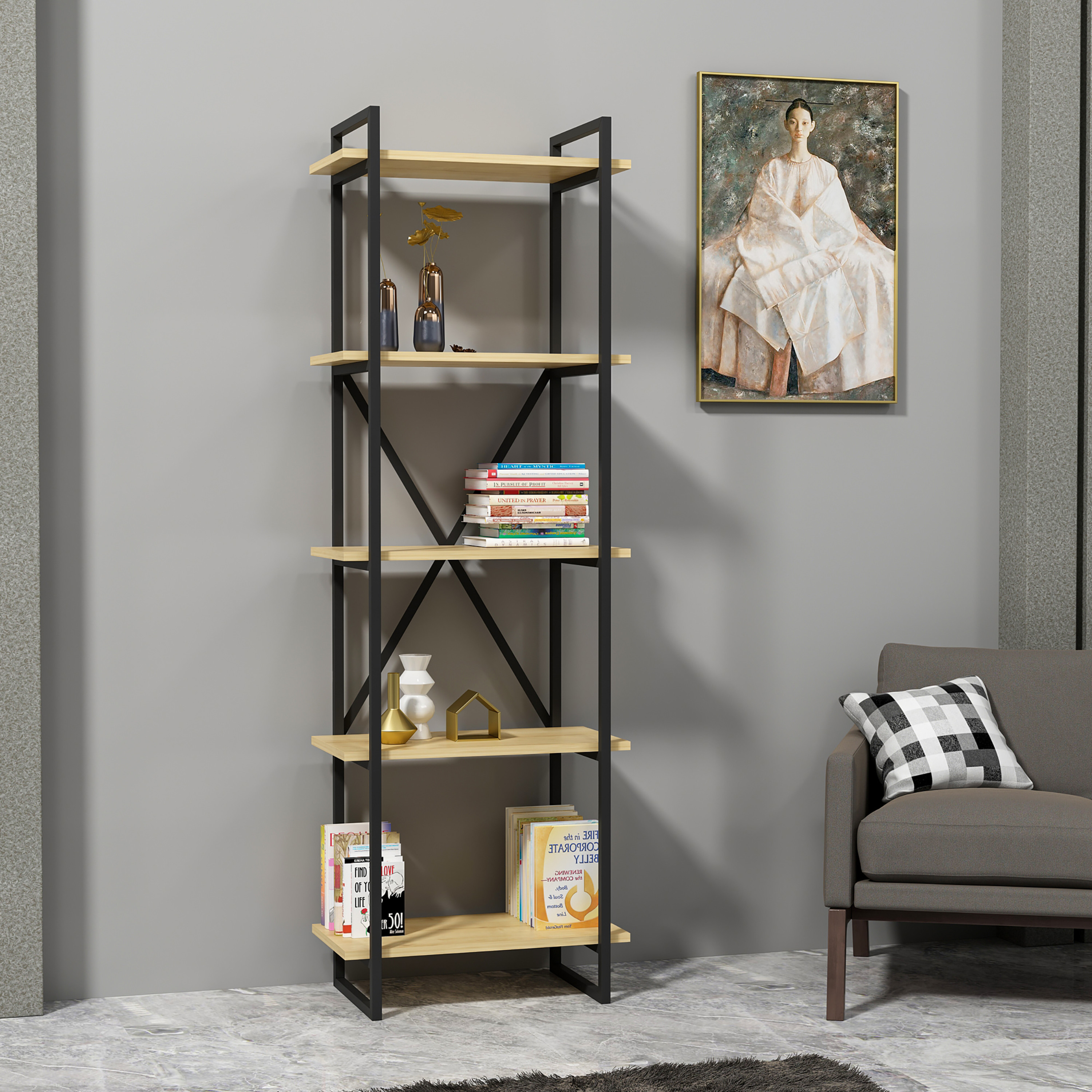 Ada Home Decor Elston 4 Tier Bookcase, Oak/Black