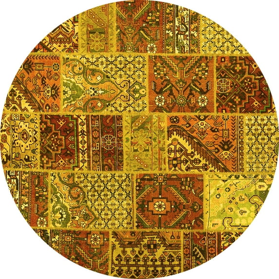 Ahgly Company Machine Washable Indoor Round Patchwork Yellow Transitional Area Rugs, 7' Round