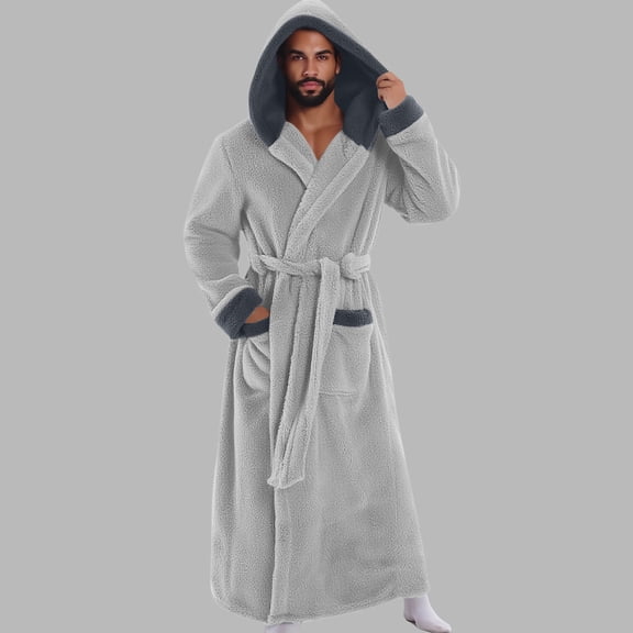 qolati Mens Fleece Robe with Hood Soft Cozy Fluffy Plush Long Robe for Men Winter Warm Full-Length Bathrobe Luxurious House Coat with Pockets