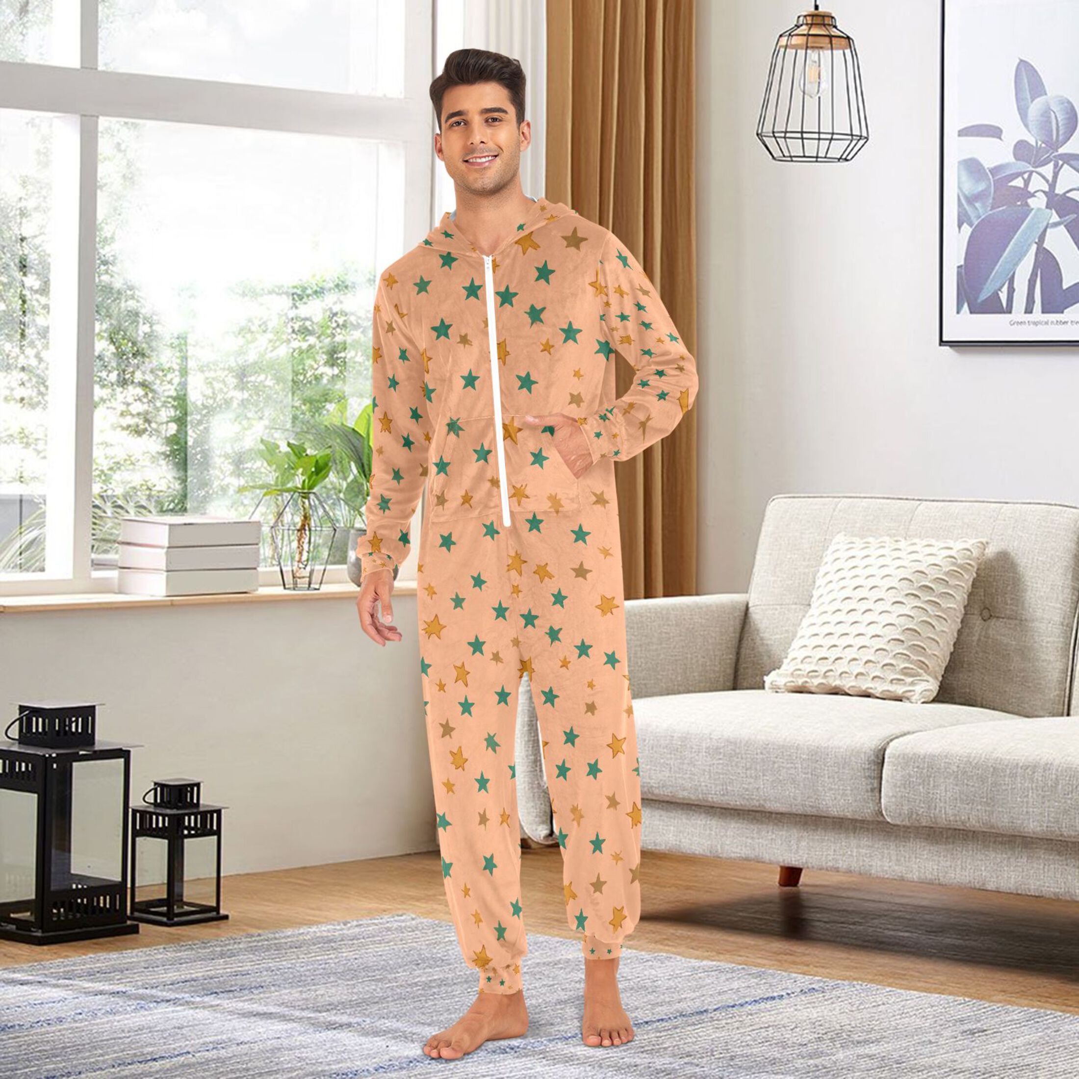 Adult Christmas Onesie Orange Stars Adult Zipper One-Piece Pajamas Unisex Pajamas with Pockets