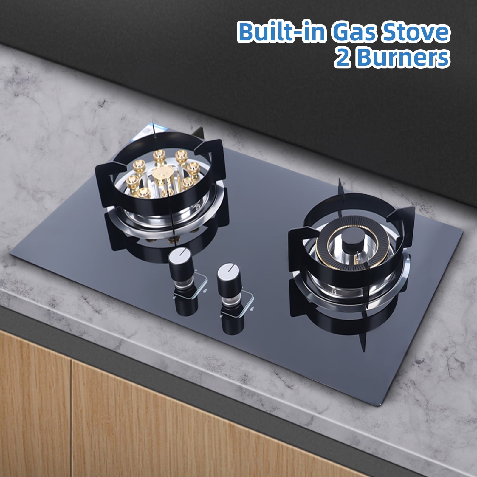 Dual Burner Gas Cooktop, 4.2KW & 5.2KW Power, Flameout and Anti-Backfire Protection, Electronic Pulse Ignition, Black