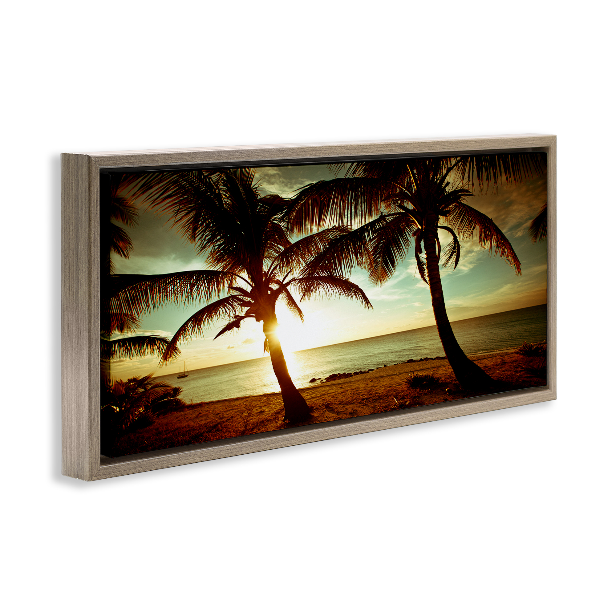 Stupell Industries Sunlit Palm Trees Coastal Photography Brown Floater Framed Canvas Art Print Wall Art, 25 x 11