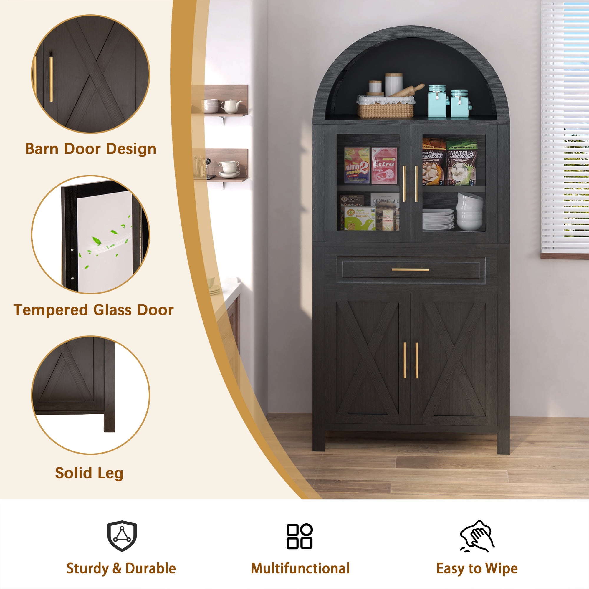 PORKISS Arched Kitchen Pantry Storage Cabinet, 71" Tall Wood Pantry Shelves with 4 Doors, 1 Large Drawer, Adjustable Shelves for Dining Room Living Room, Black