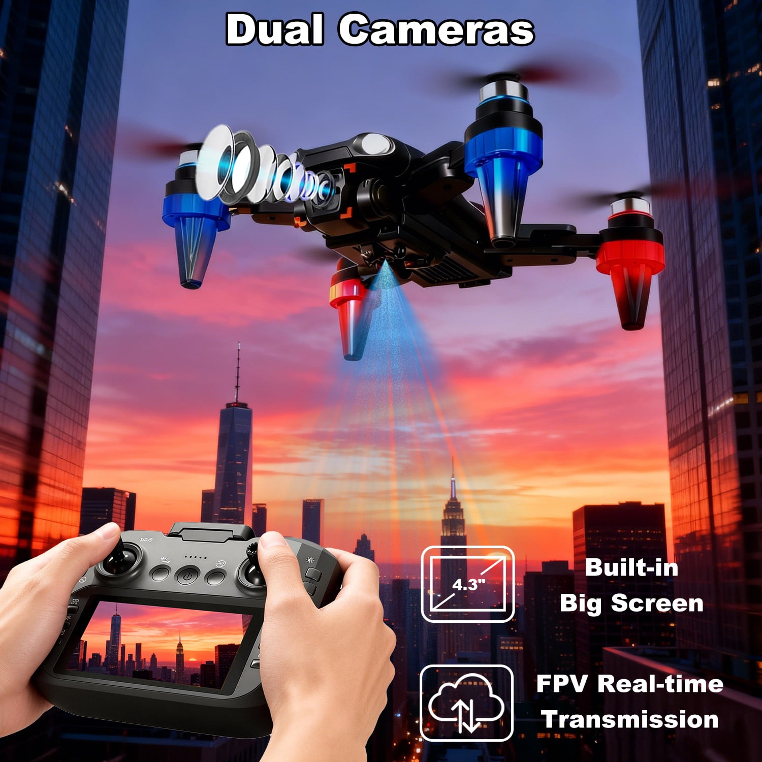 Drone with 1080P Camera Screen Remote Control, RGB LED Light FPV Drone Quadcopter for Adults Beginners, Headless Mode Altitude Hold Optical Flow, 2 Batteries