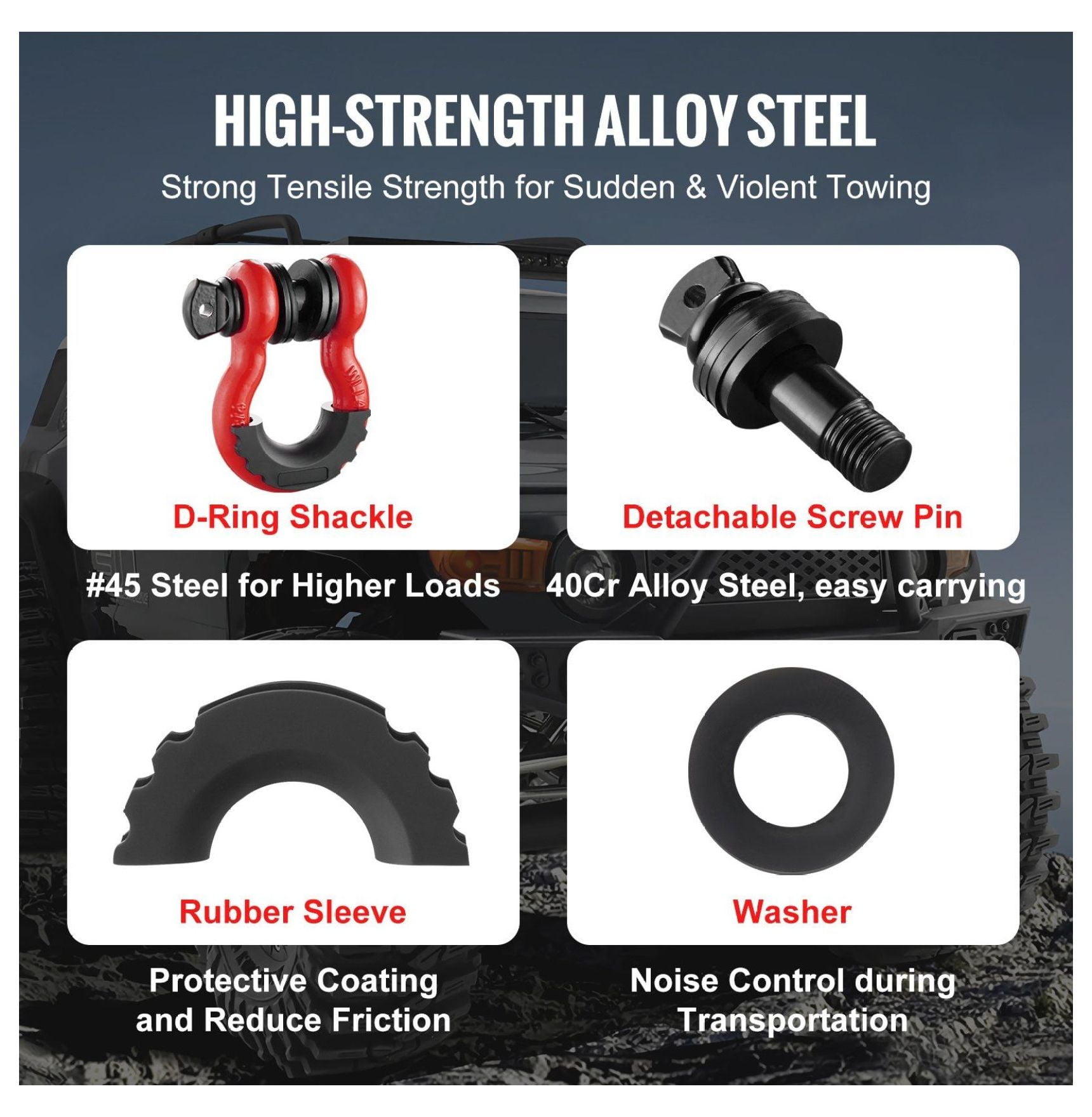 D-Ring Shackle 3/4" 2-Pack - 62832 lbs Capacity - Alloy Steel Recovery Shackles with Screw Pin, Isolators & Washers for Jeep, Truck, Off Road