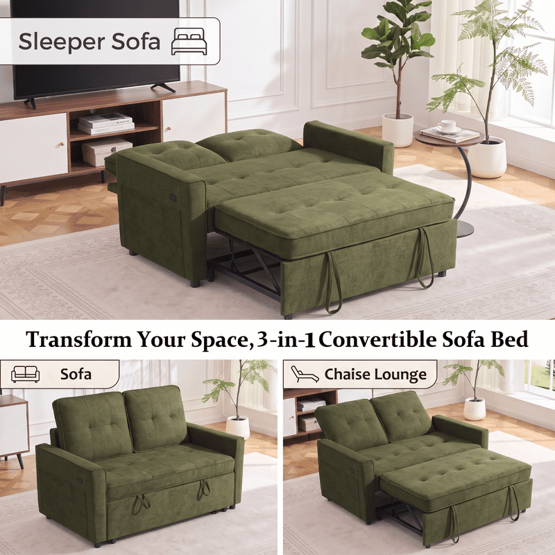 Gewnee 53" Sofa Bed, 3 in 1 Convertible Loveseat Sleeper Sofa, Pull Out Couch with USB Port, Futon Sofa Bed with Storage Pockets for Small Spaces, Teddy Fabric,Green