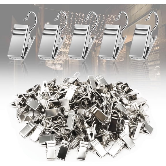 100 Pack Beige Stainless Steel Small Curtain Clips, Curtain Hooks Clips for Hanging for Outside Christmas String Lights Indoor Outdoor Activities Supplies Hanger Clips