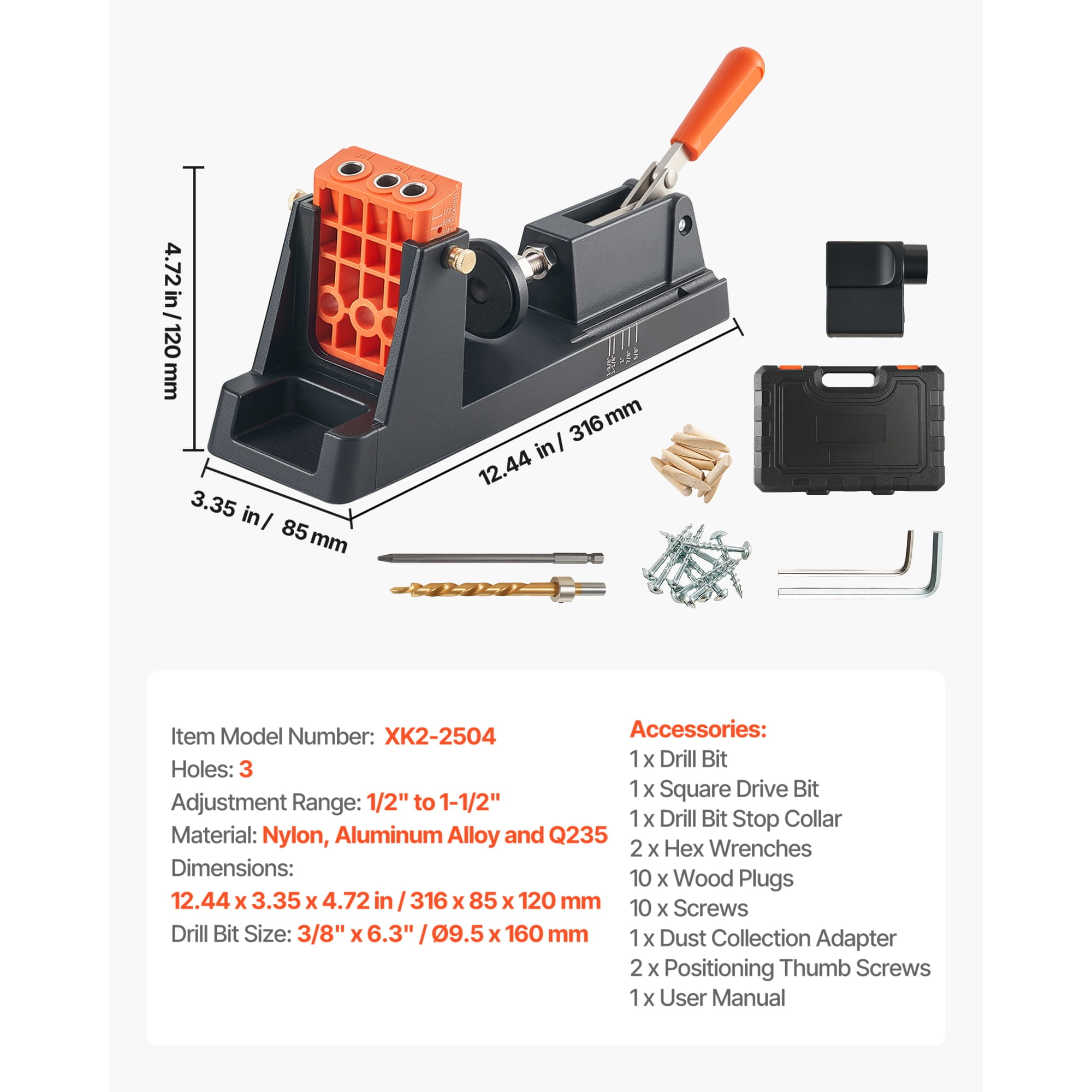 KFFKFF Adjustable Pocket Hole Jig Kit, Compatible with 1/2" to 1-1/2" Materials, Lightweight Design with Dust Collection Adapter, Removable Guide Block, Drill Bit, Stop Collar, and Easy Adjustment