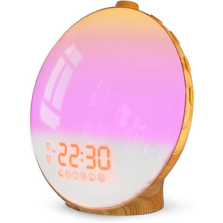 Sunrise Alarm Clock for Heavy Sleepers Wood Grain Wake up Light Sunset Simulation 7 Nature Sounds Dual Alarms Colorful Ambient Lamp FM Radio Snooze Sleep Aid for Kids & Adults Bedroom