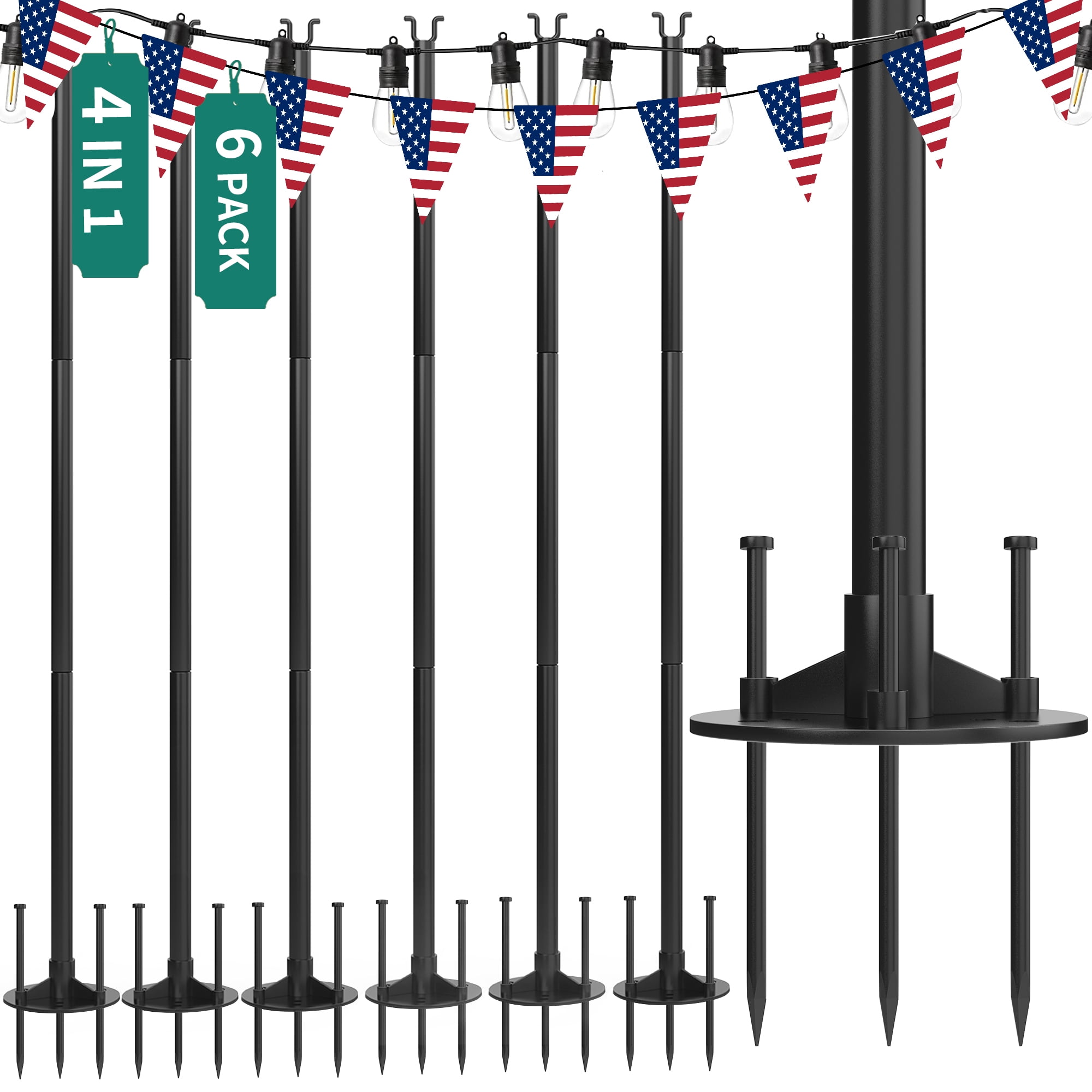 Uforic 6 Pack String Light Pole, 11ft 4-in-1 Outdoor String Light Pole Stand to Hang String Lights for Patio, Garden, Backyard, Wedding, Parties, Deck, Fence - Classic Black