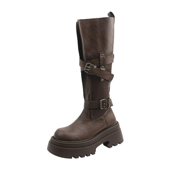 KEGIRLOM Women's Fashion Casual Versatile Cool Winter Round Toe Thick Round Toe Sleeve Belt Buckle Thick Heel High Heel Knee-High Boots Brown 6