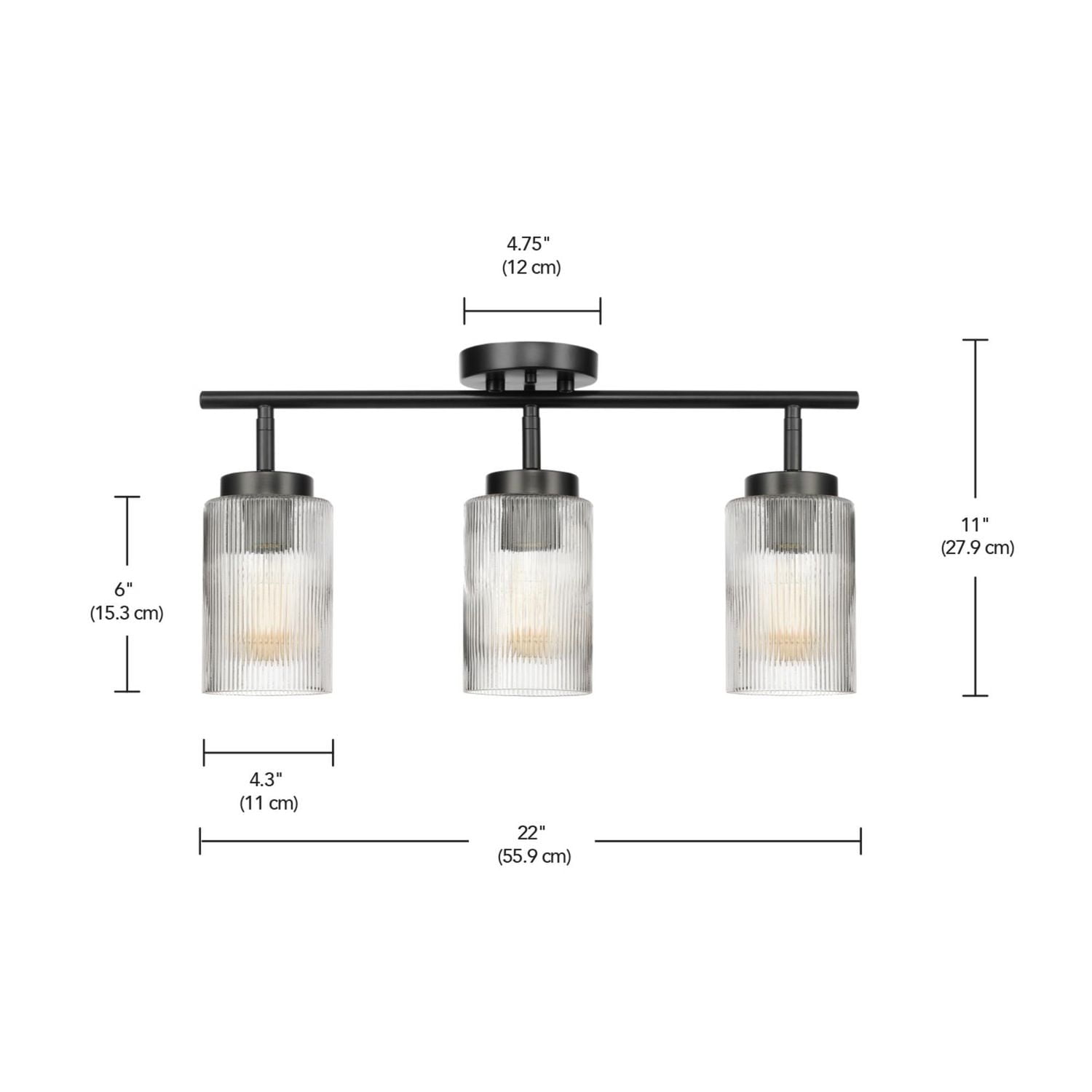 3-Light Matte Black Track Lighting with Ribbed Glass Shades and Pivoting Track Heads