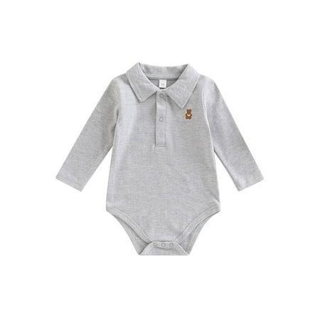 

Amuver Baby’s Casual Long Sleeve Romper Cartoon Bear Embroidery Button Lapel Triangle Jumpsuits
