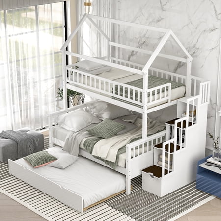 Twin over Full Wood Bunk Bed with Storage Staircase and Trundle  Wood Housebed Bunk Bed Frame with Trundle for Kids(White)