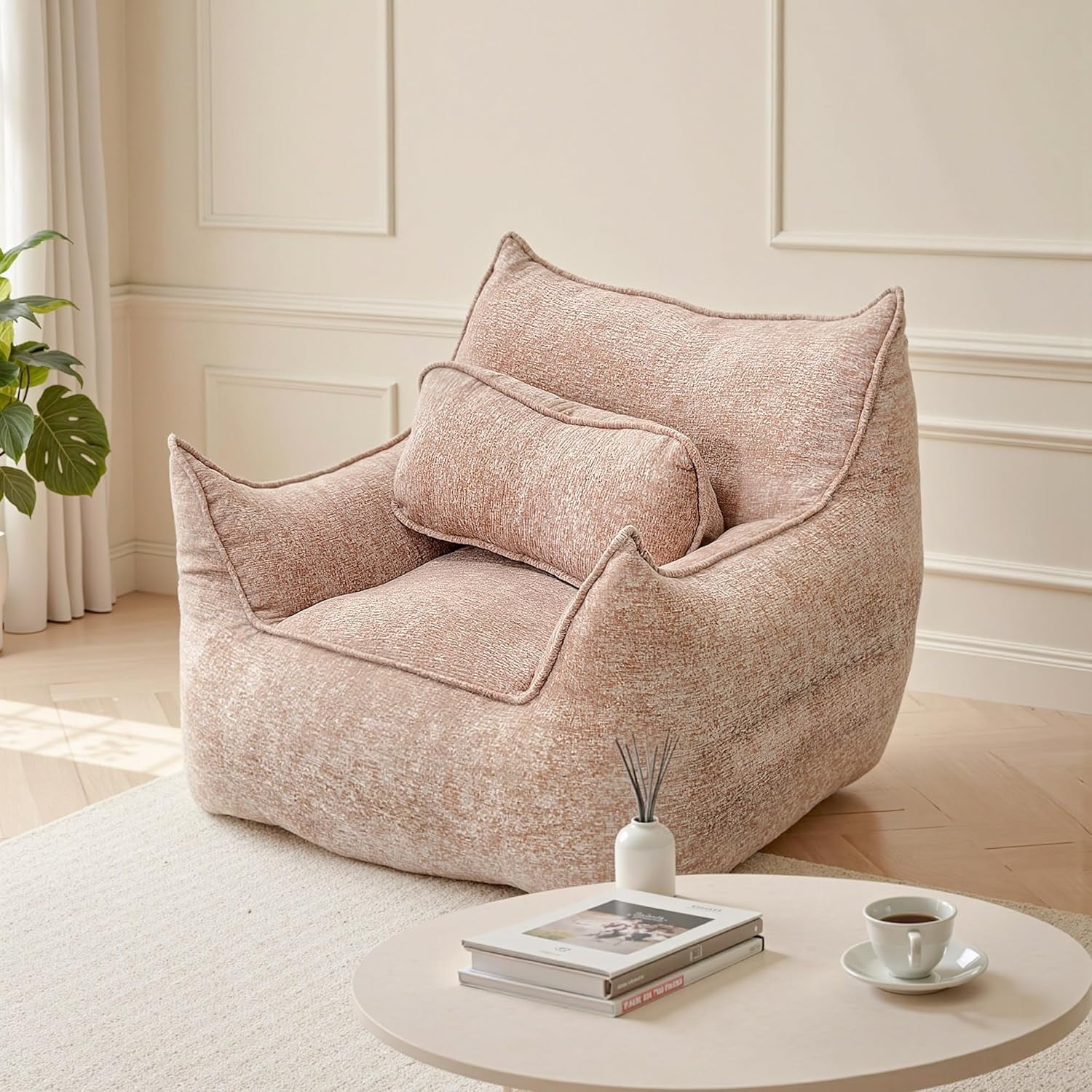 Bean Bag Chair for Adults with Armrests & Pillow, Soft Foam Filled Lazy Sofa for Living Room Gaming Napping, Vacuum Packed Easy to Gift, 48H to Expand, Light Brown