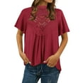 thumbnail image 1 of Women Cutout Crochet Spliced Keyhole Back Mock Neck Solid Color Tops, 1 of 7
