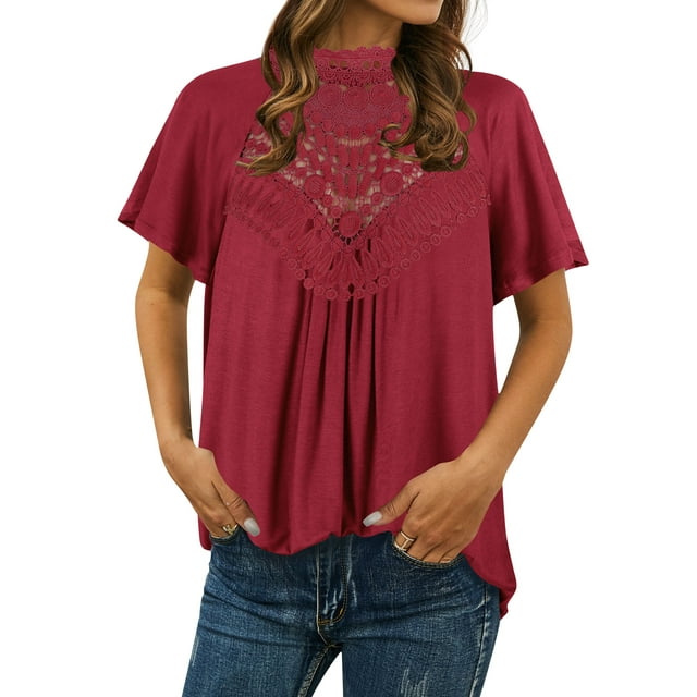 Women Cutout Crochet Spliced Keyhole Back Mock Neck Solid Color Tops