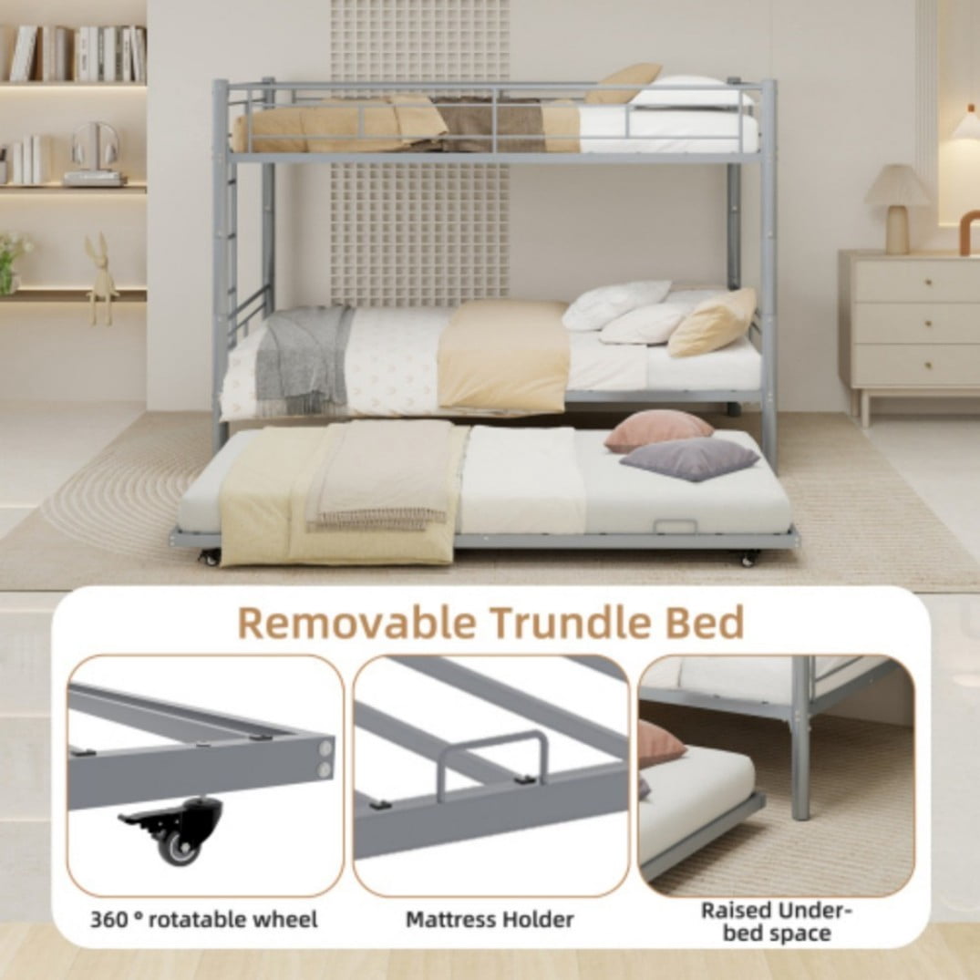 Twin Triple Bunk Bed, 3-in-1 Convertible Metal Bunk Bed Frame, Space-Saving Design with Guardrails & Ladder, Heavy-Duty Iron, Silver