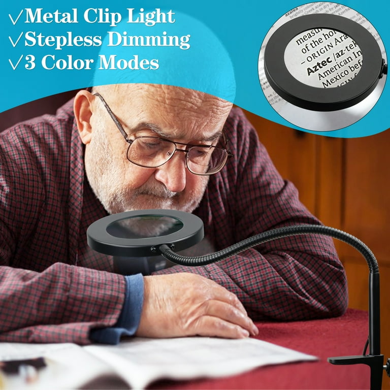 KUVRS 10X Magnifying Glass with Light and Stand, 9.06 Inch Heavy Base  Magnifying Lamp, 3 Color Stepless Dimming, Real Glass Lens Swing Arm  Desktop