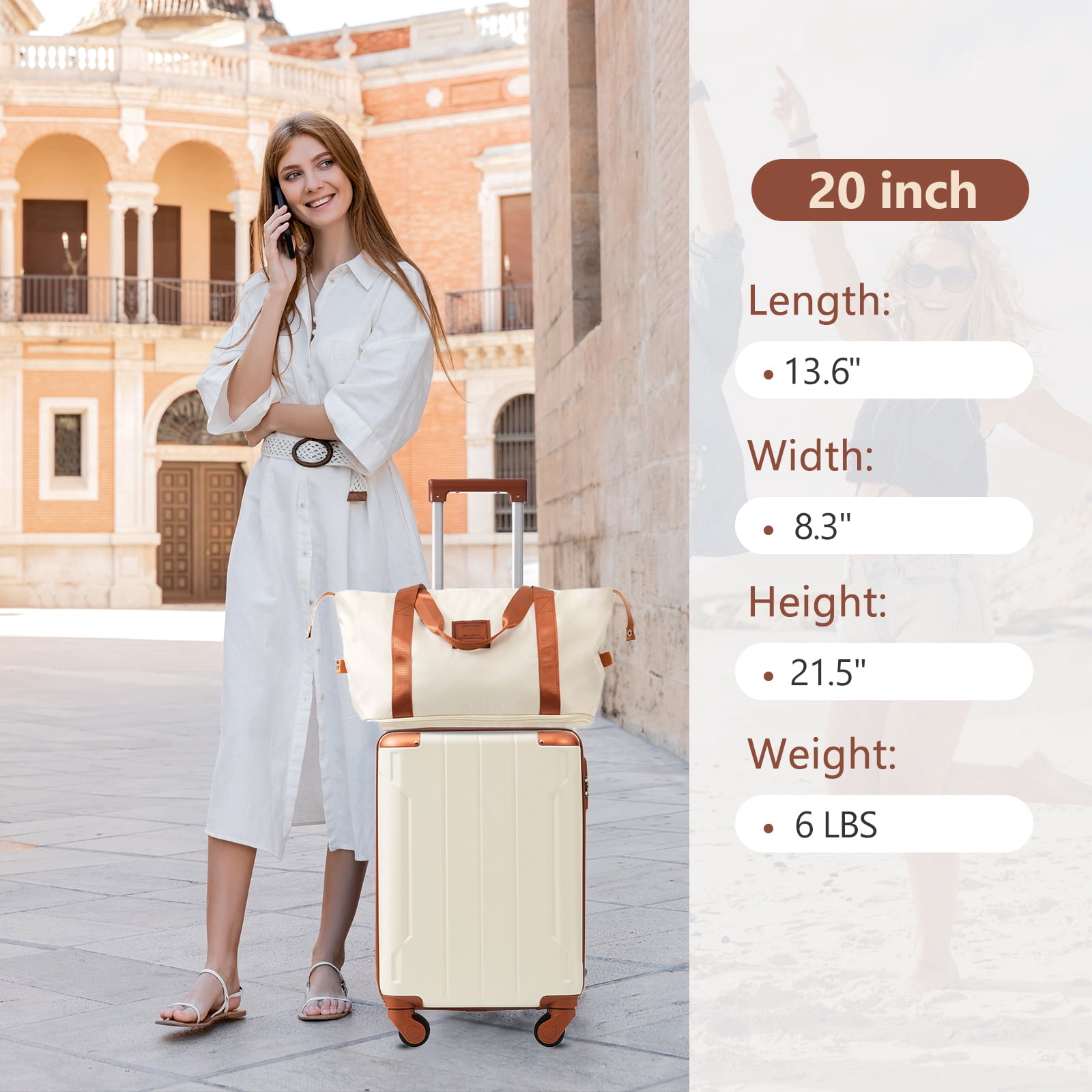 Euroco 20 Inch Carry On Luggage Set 3 Piece,ABS Hardshell Lightweight Suitcase with Spinner Wheels & TSA Lock,Airline Approved Suitcase set for Weedend Getaways,Business Travel,White Brown