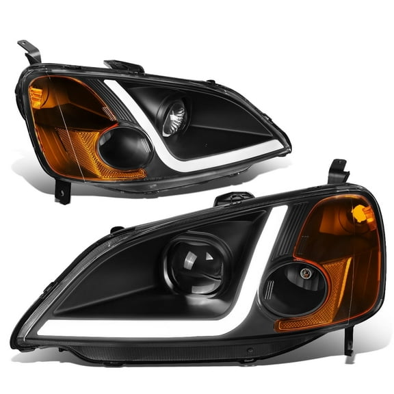 DNA Motoring For 01-03 Honda Civic Coupe Sedan LED DRL Black Amber Projector Headlight Lamps Pair