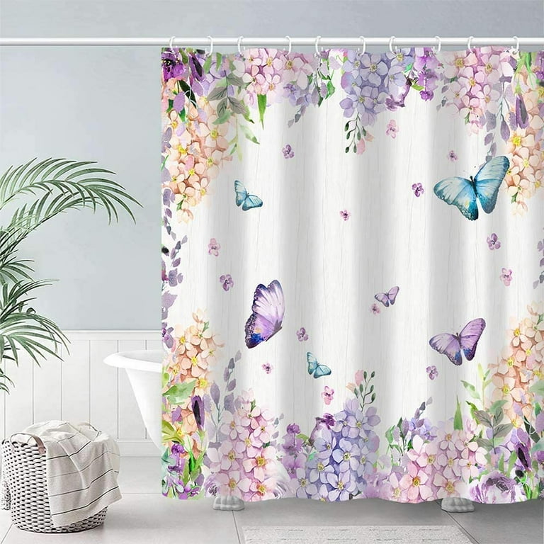 Hummingbird Floral Shower Curtain - Blue Watercolor Eucalyptus Leaves, Butterflies, Nature Bathroom Decor Set With Hooks 70x96 Inches