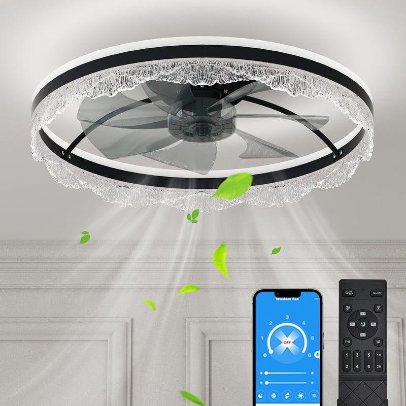 TICOZE 24" Flush Mount Ceiling Fan with Light - Ultra Quiet Crystal LED Fan Light with Hidden Blades, Remote/APP Control & Dimmable 3-Color Lighting for Bedroom, Living Room