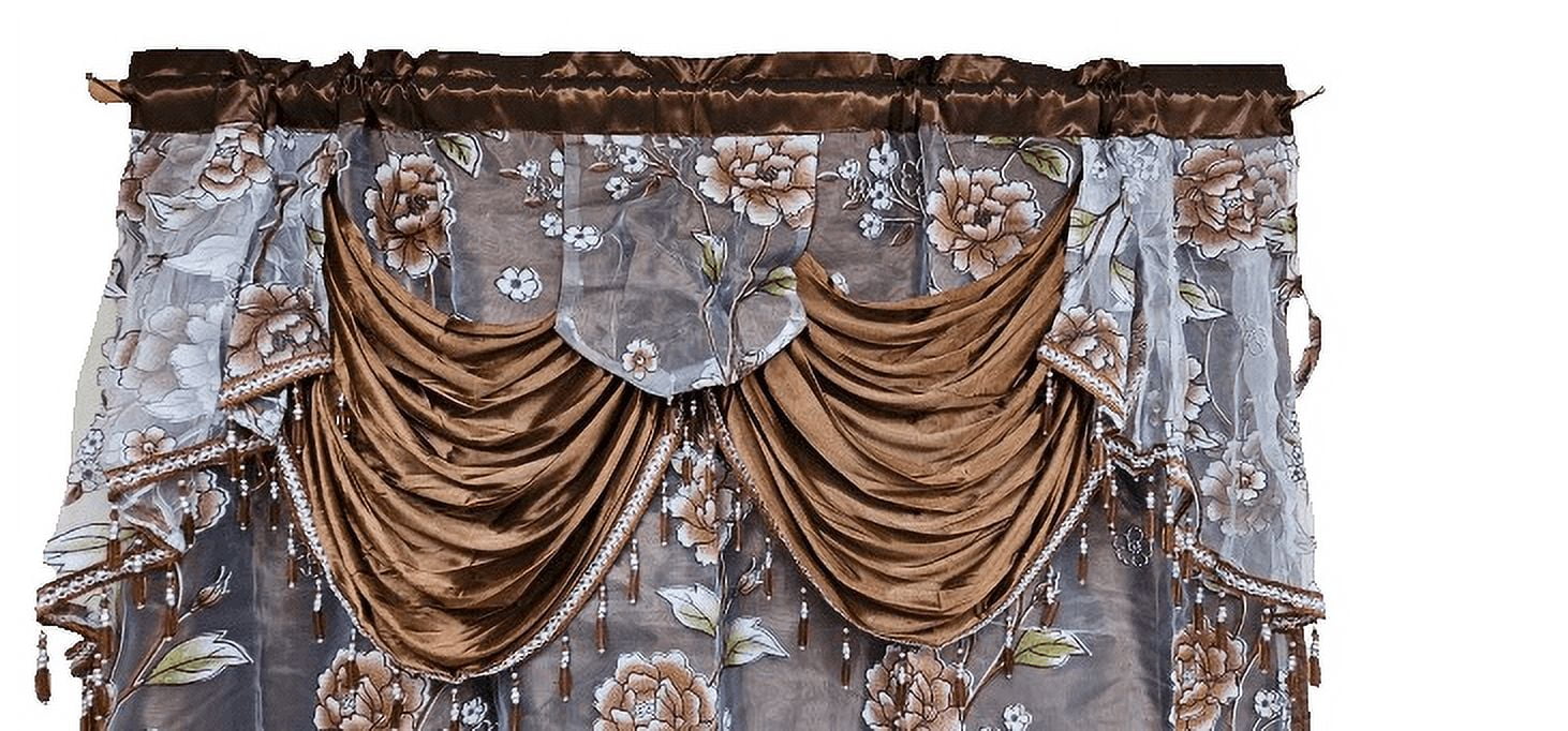 2 Piece Daniela Printed Flowers Luxury Jacquard Attached Valance with Long Crystals Beads and Tassels Window Curtain (54 inches wide x 84 inches long)