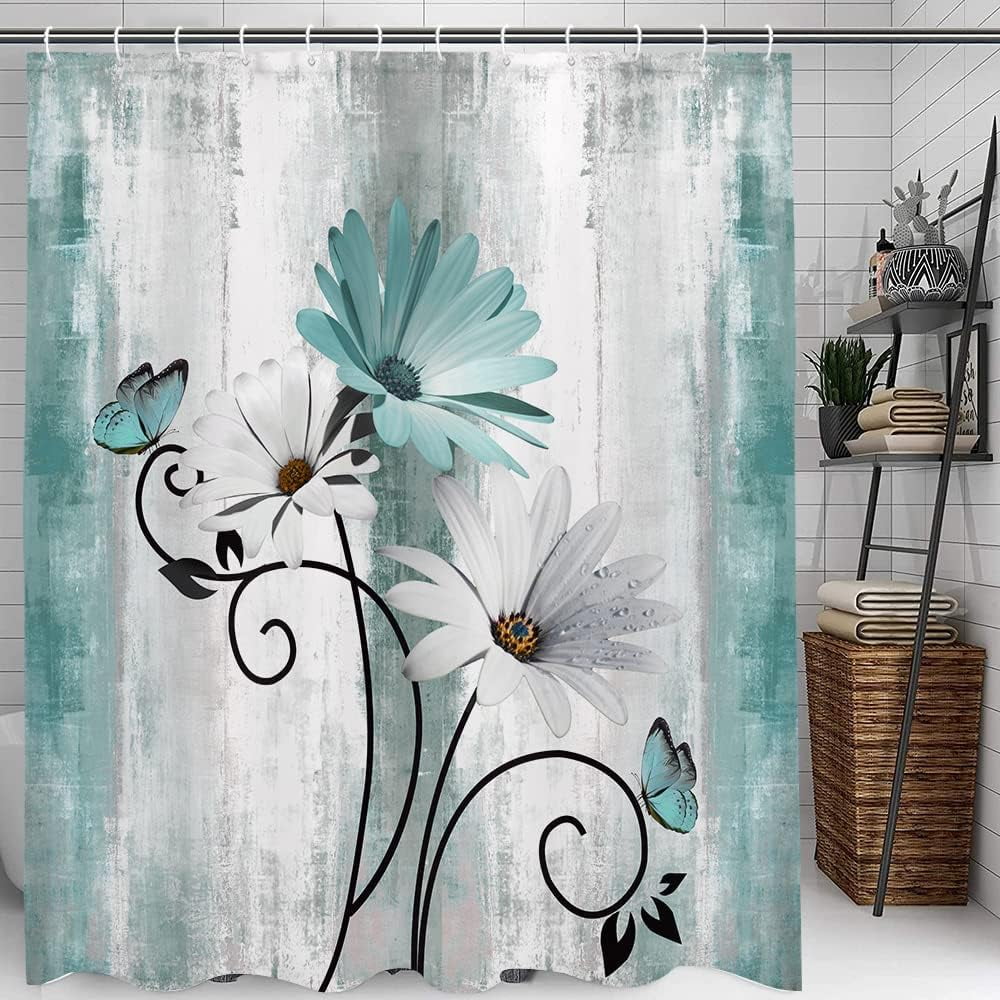 Rustic Farmhouse Shower Curtain, Farm Teal Daisy Floral Flowers and Butterfly on Country Wooden Shower Curtain for Bathroom, Turquoise Blue with 12PCS Hooks, 72X72IN