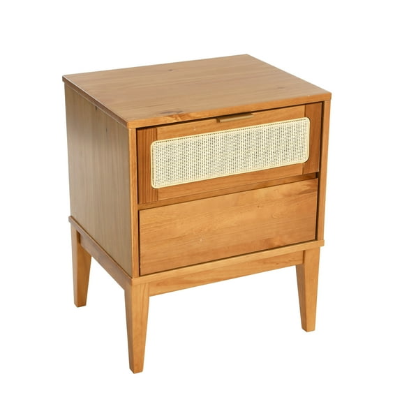 Creative Co-Op Crawford Solid Wood Nightstand with 2 Storage Drawers and Cane Detail, Light Brown Finish