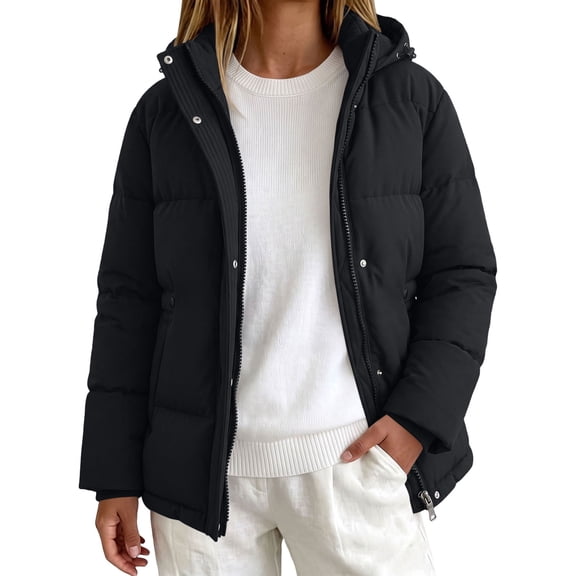 Enjoytime Puffer Jacket Womens Winter Warm Zip Up Quilted Coat Soft Cozy Casual Long Sleeve Hooded Outerwear with Pockets