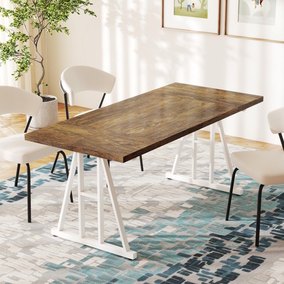 HOMCOM Farmhouse Dining Table for 8 Rectangular Kitchen Table Brown White