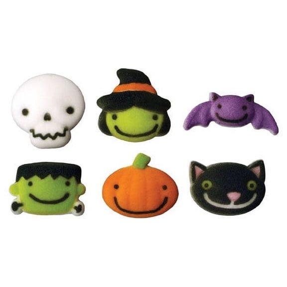 Edible Frightful Friends Assortment Sugar Decorations 12 Count Halloween Pumpkin Bat Skeleton Witch Cat Toppers Cupcakes Brownies Cookies Cake Pops