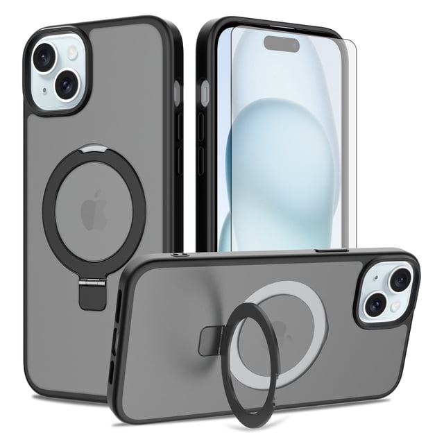 Asuwish Phone Case for iPhone 14 Plus/15 Plus 6.7 inch Tempered Glass Screen Protector Magnetic Folding Stand Frosted Translucent Rugged Shockproof Protective Cell Cover i-Phone 14+ iPhone15+ Black