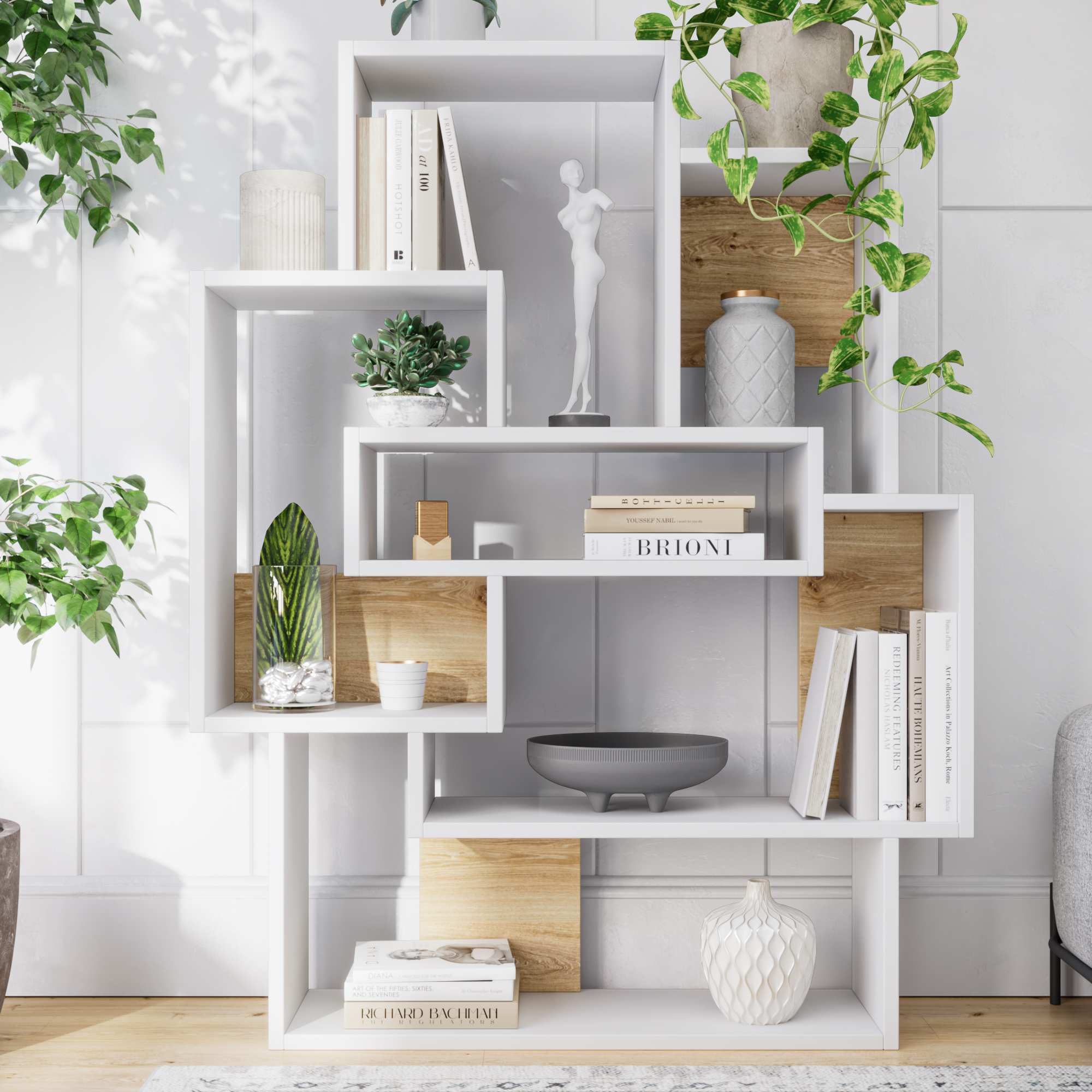 Ada Home Decor Furniture Multiple Tier Open Shelf White Oak Bernard Modern Bookcase