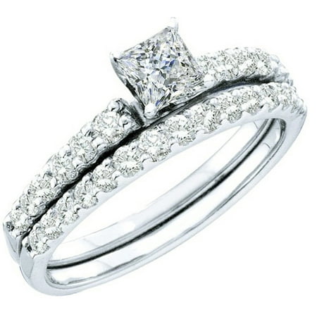 Dazzlingrock Collection 1.00 Carat (ctw) 14k Round & Princess Cut White Diamond Ladies Bridal Solitaire With Accents Engagement Ring Set 1 CT, White Gold, Size 6.5