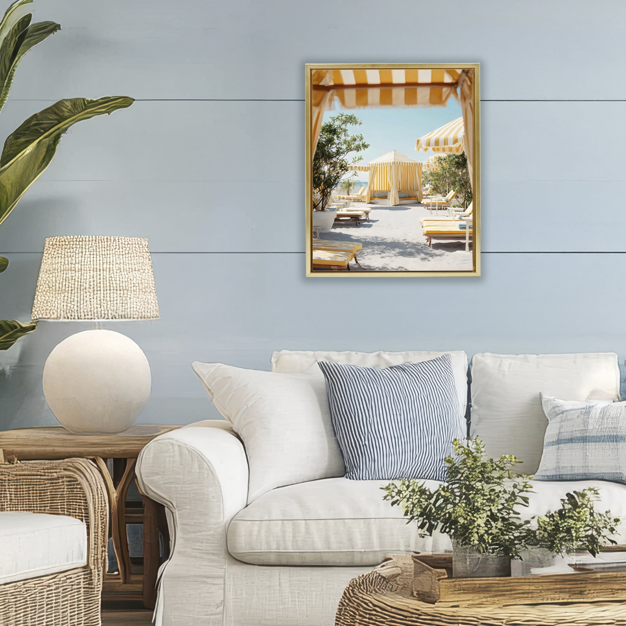 Stupell Industries Yellow Striped Beach Cabanas Gold Framed Floater Canvas Wall Art, design by Franklyn Gregory